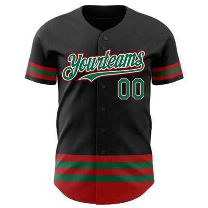 Custom Black Baseball Jersey with Kelly Green-Red Line Accents Personalized Black Kelly Green-Red Line Baseball Jersey