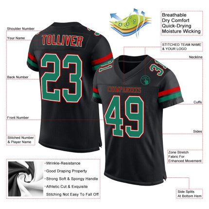 Custom Personalized Football Jersey - Authentic Black Kelly Green-Red Mesh with Name & Number Personalized Black Kelly Green-Red