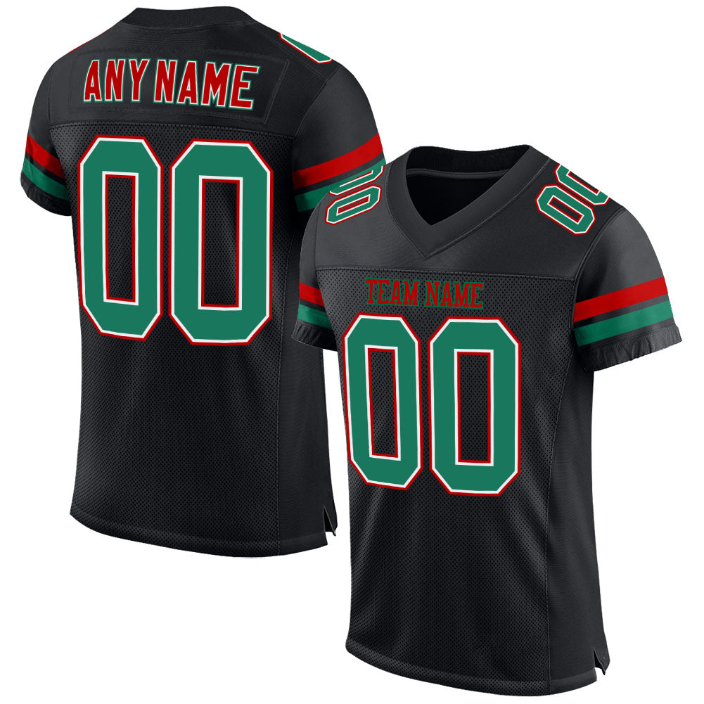 Personalized Black Green Red Mesh Football Jersey for Men and Women Personalized Black Kelly Green-Red Mesh Football Jersey