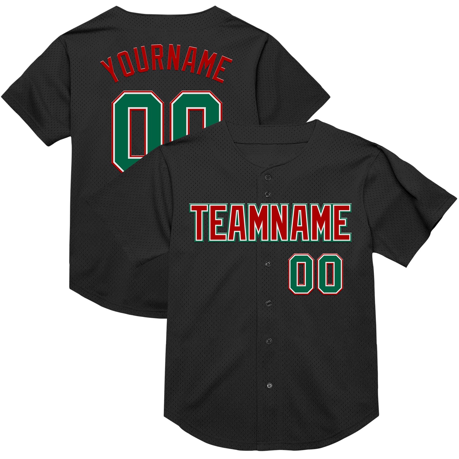 Personalized Black Green Red Throwback Baseball Jersey - Custom Sports Apparel Personalized Black Kelly Green-Red Mesh Throwback