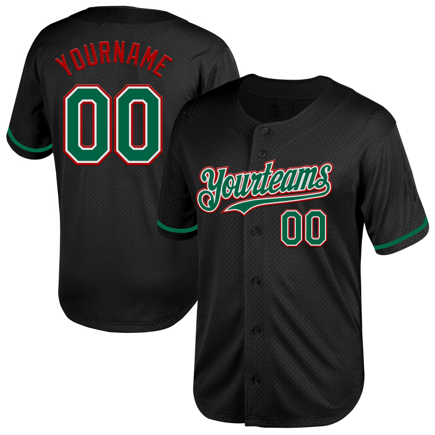 Personalized Black Green Red Throwback Baseball Jersey - Custom Mesh Jersey Personalized Black Kelly Green-Red Mesh Throwback