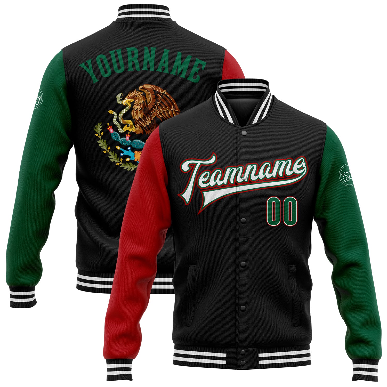 Custom Name Number 3D Bomber Jacket Mexico Varsity Letterman Two Tone Black Kelly Green Red Full-Snap Personalized Black