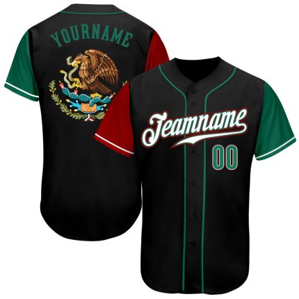 Personalized Two Tone Baseball Jersey, Black Kelly Green Red Mexico Design Personalized Black Kelly Green-Red Mexico Two