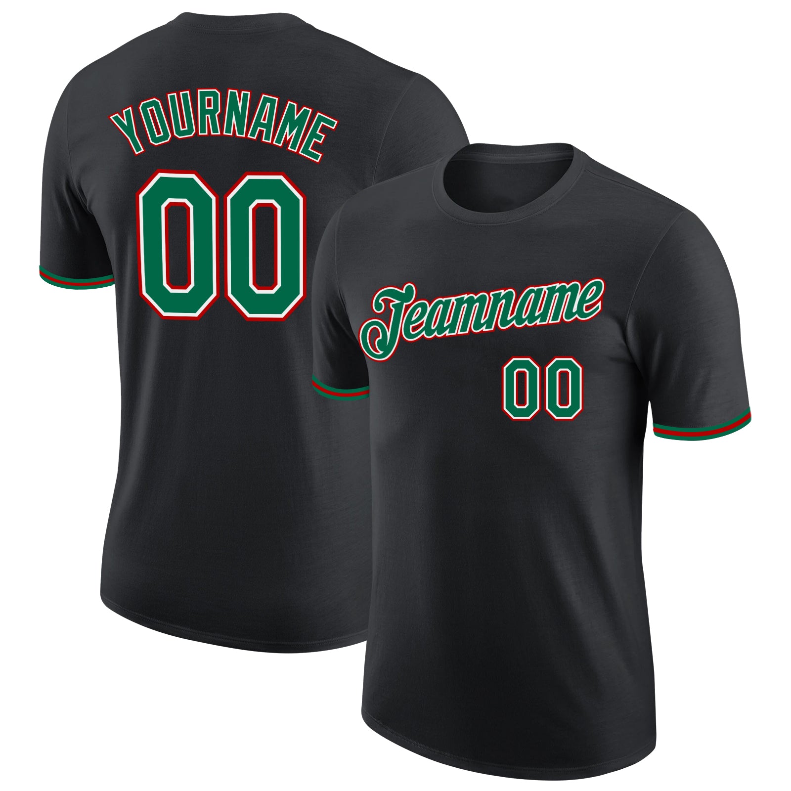 Custom Team Name and Number Performance T-Shirt - Personalized Black Kelly Green-Red Design Personalized Black Kelly Green-Red