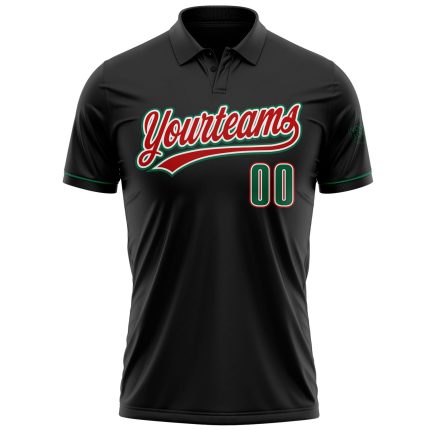 Custom Black Golf Polo Shirt with Kelly Green and Red Accents, Performance Vapor Material Personalized Black Kelly Green-Red