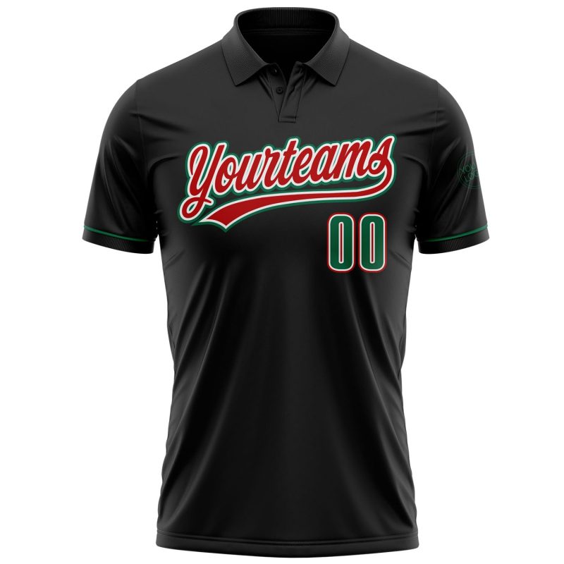 Custom Black Golf Polo Shirt with Kelly Green and Red Accents, Performance Vapor Material Personalized Black Kelly Green-Red