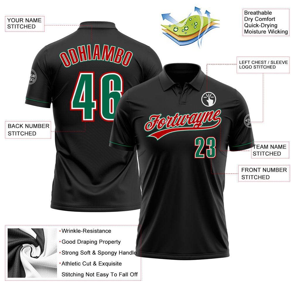 Personalized Black Kelly Green-Red Performance Vapor Golf Polo Shirt Team Custom Name and Number Custom Name Number Performance Vapor Golf Polo Shirt Personalized Black Kelly Green Red Personalized Black Kelly Green-Red - Image 3