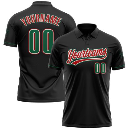 Custom Black Golf Polo Shirt with Kelly Green and Red Accents, Performance Vapor Material Personalized Black Kelly Green-Red
