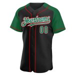 Custom Black Kelly Green-Red Baseball Jersey with Raglan Sleeves Personalized Black Kelly Green-Red Raglan Sleeves Baseball