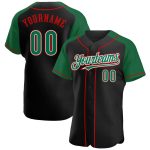 Custom Black Kelly Green-Red Baseball Jersey with Raglan Sleeves Personalized Black Kelly Green-Red Raglan Sleeves Baseball