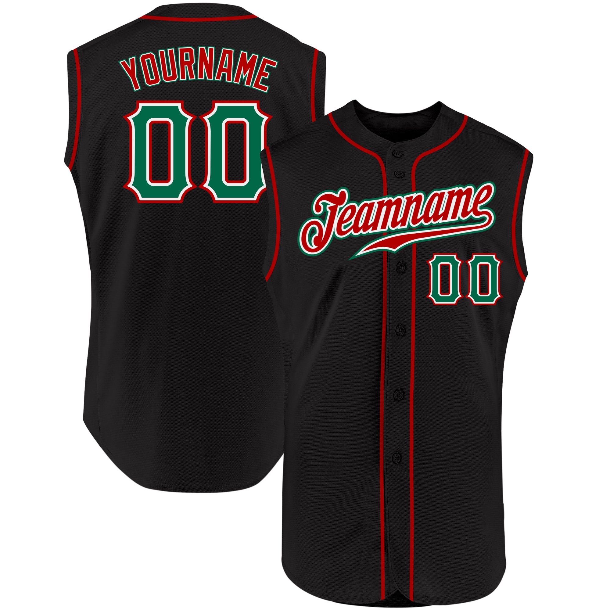 Personalized Baseball Jersey in Black, Kelly Green, and Red - Sleeveless Design Personalized Black Kelly Green-Red Sleeveless
