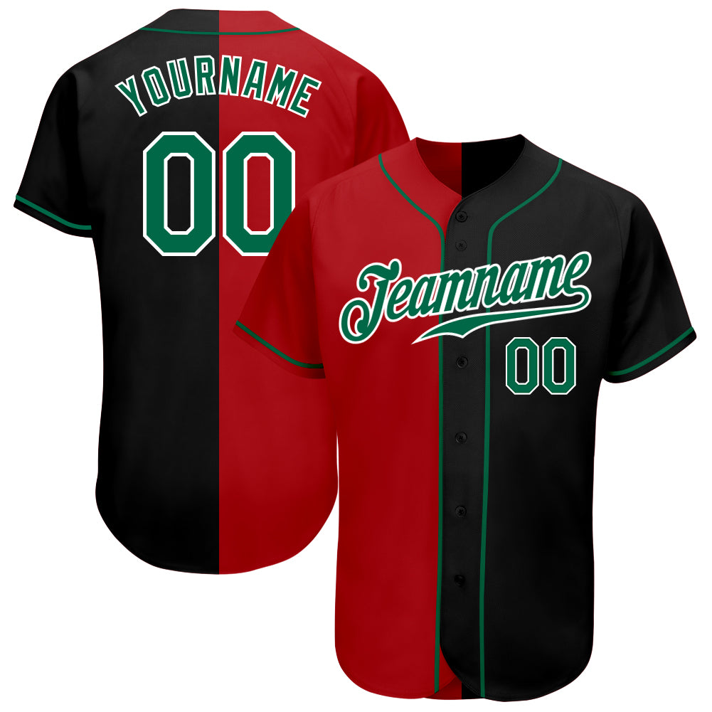 Personalized Black Green Red Split Fashion Baseball Jersey for Men Personalized Black Kelly Green-Red Split Fashion Baseball