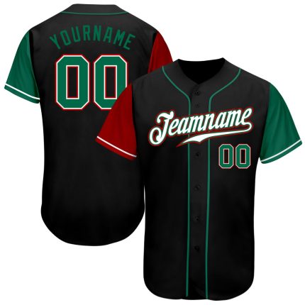 Custom Black Green Red Two Tone Baseball Jersey for Men and Women Personalized Black Kelly Green-Red Two Tone Baseball Jersey
