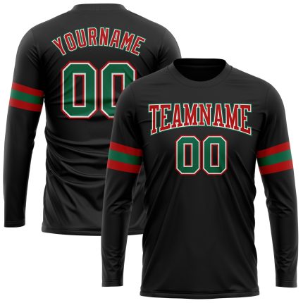 Personalized Performance T-Shirt in Black Green Red & White - Long Sleeve Personalized Black Kelly Green Red-White Long Sleeve