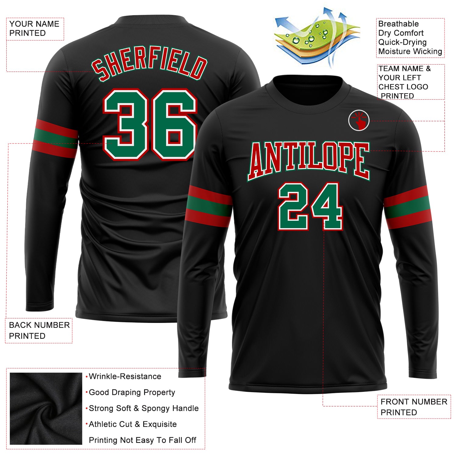 Personalized Performance T-Shirt in Black Green Red & White - Long Sleeve Personalized Black Kelly Green Red-White Long Sleeve - Image 3