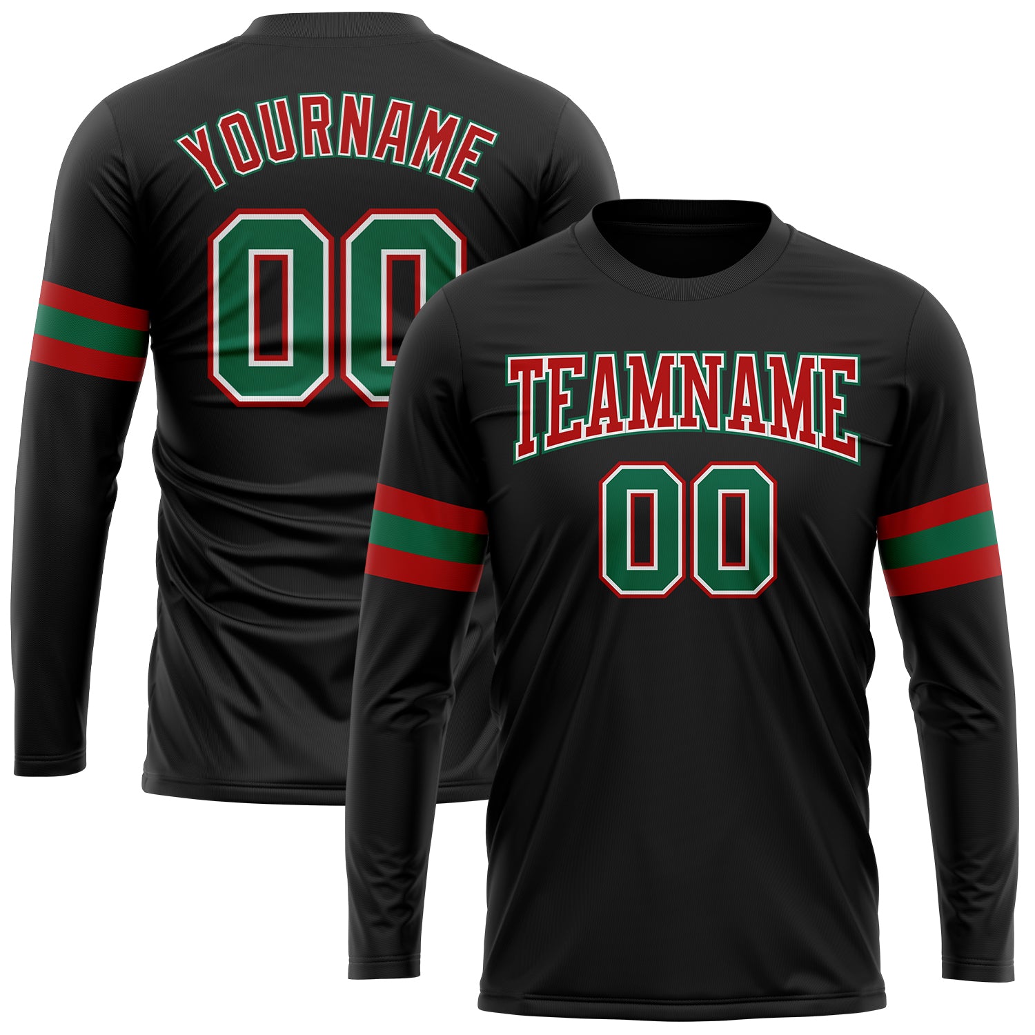 Custom Performance Long Sleeve T-Shirt with Personalized Name and Number, Black Kelly Green Red-White Colors Personalized