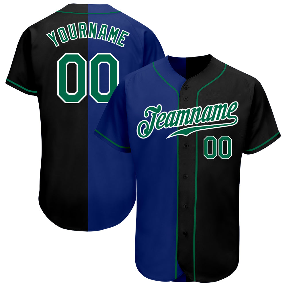 Custom Name and Number Authentic Baseball Jersey - Personalized Black Kelly Green-Royal Split Fashion Team Jersey Personalized