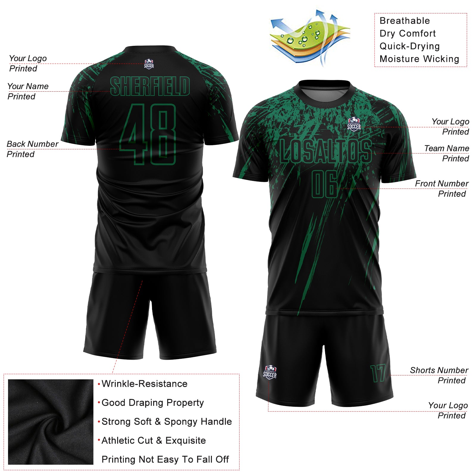 Personalized Black Kelly Green Sublimation Soccer Uniform Jersey Personalized Sublimation Soccer Jersey in Black and Kelly Green Personalized Black Kelly Green Sublimation Soccer Uniform - Image 3
