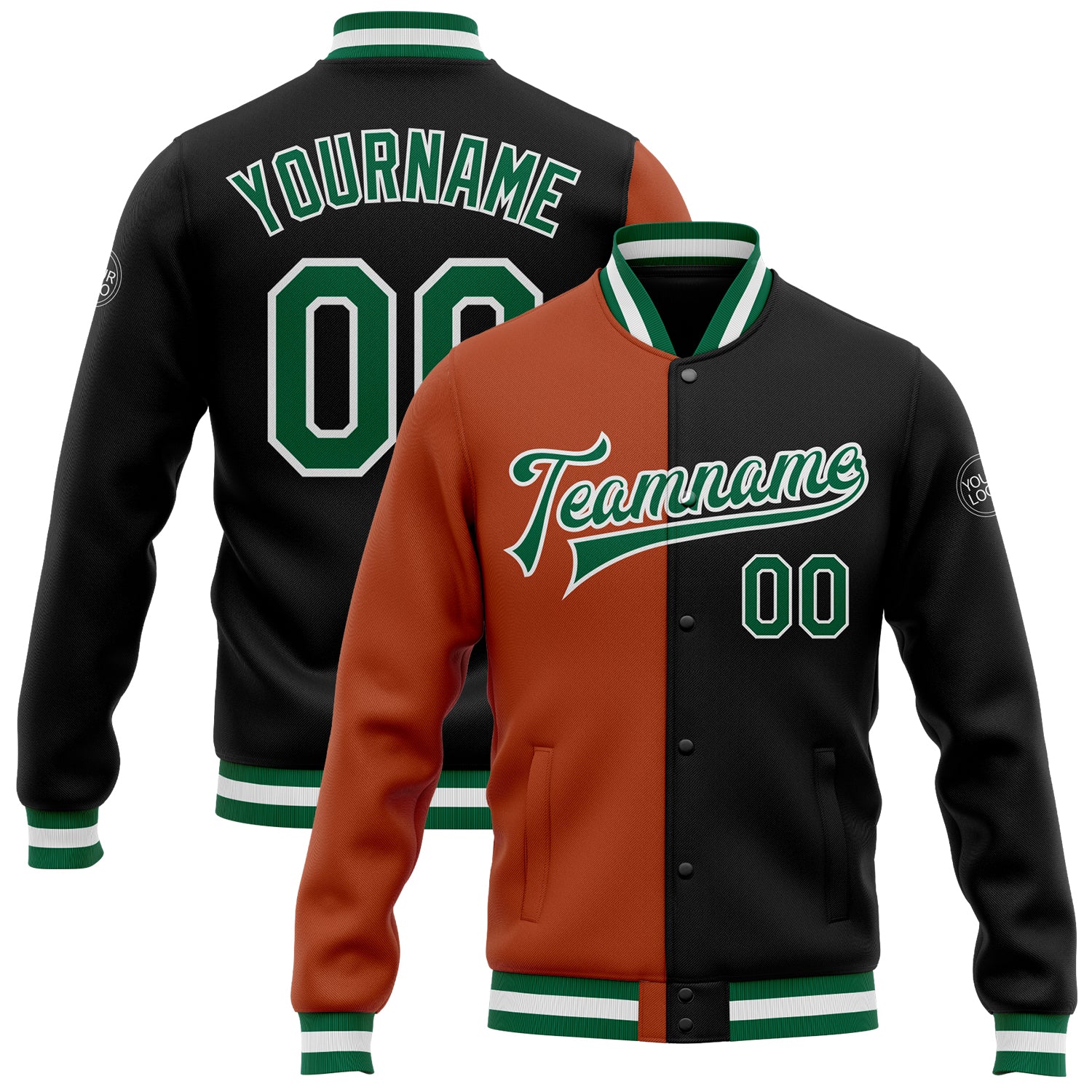 Personalized Texas Orange Black Kelly Green Varsity Letterman Bomber Jacket Full-Snap Fashion Style Personalized Black Kelly