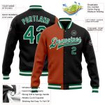 Personalized Texas Orange Black Kelly Green Varsity Letterman Bomber Jacket Full-Snap Fashion Style Personalized Black Kelly
