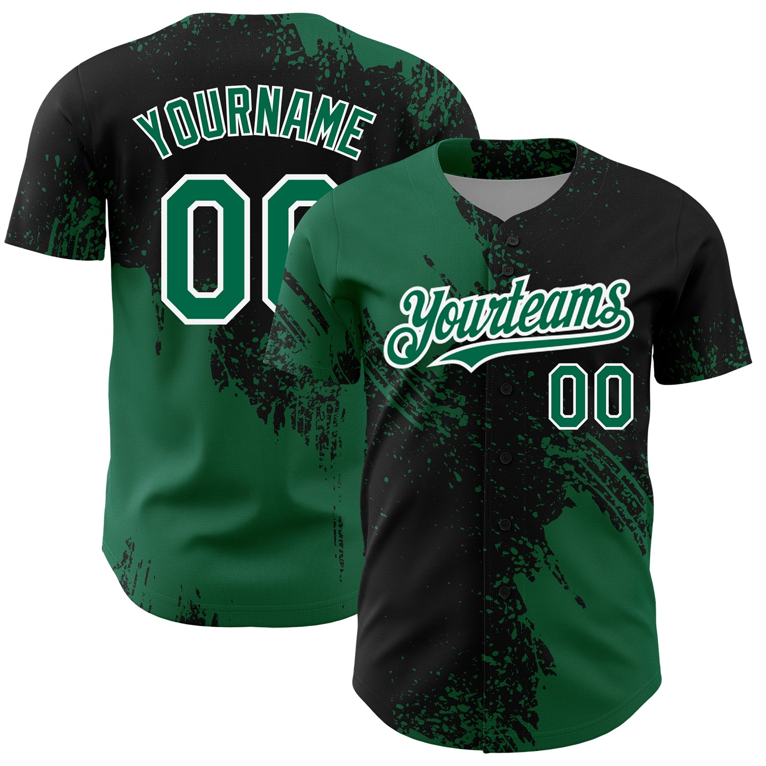 Personalized 3D Abstract Brush Stroke Baseball Jersey in Black Green White Personalized Black Kelly Green-White 3D Abstract