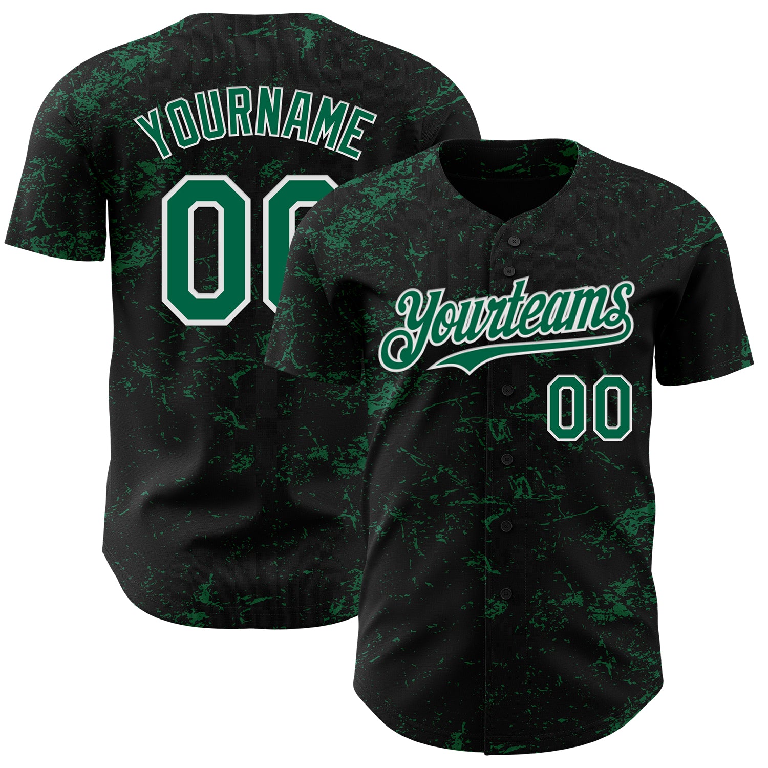 Personalized 3D Abstract Splatter Texture Baseball Jersey in Black Kelly Green White Personalized Black Kelly Green-White