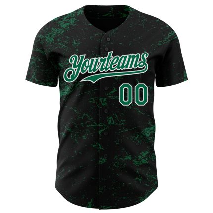 Personalized 3D Abstract Splatter Texture Baseball Jersey in Black Kelly Green White Personalized Black Kelly Green-White