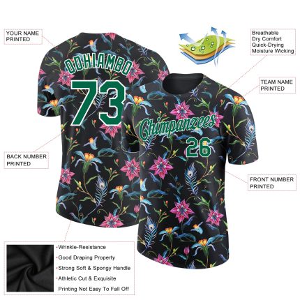 Personalized 3D Flowers Performance T-Shirt in Black, Kelly Green & White Personalized Black Kelly Green-White 3D Flowers