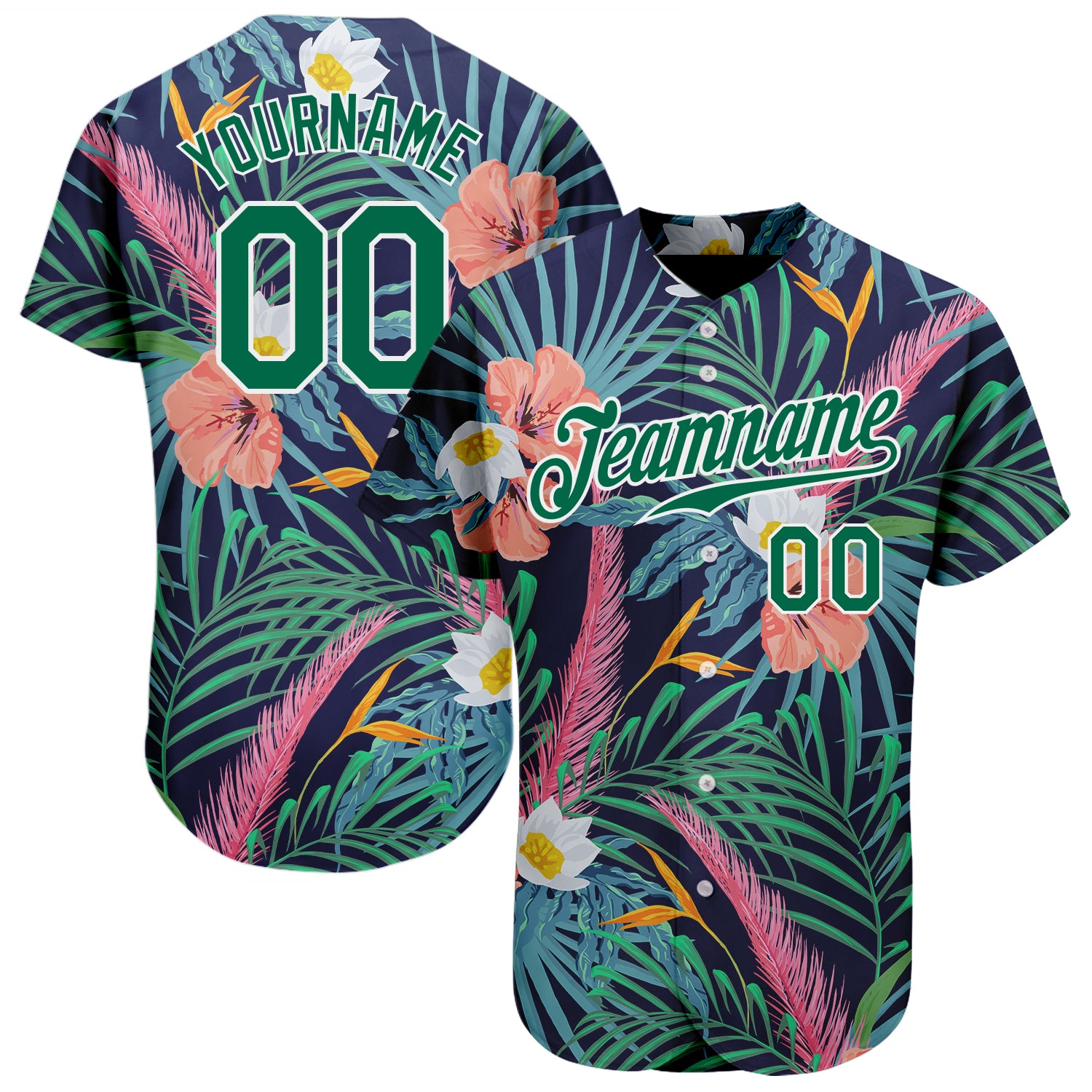Personalized 3D Hawaii Palm Leaves Baseball Jersey in Black Kelly Green-White Personalized Black Kelly Green-White 3D Hawaii