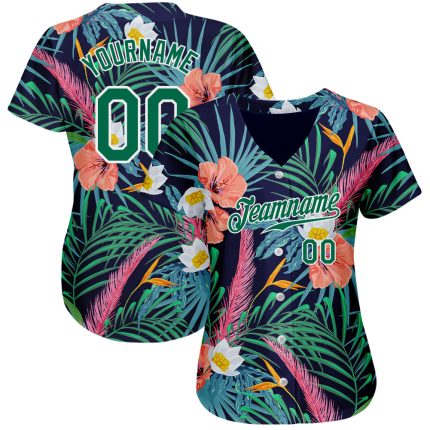 Personalized 3D Hawaii Palm Leaves Baseball Jersey in Black Kelly Green-White Personalized Black Kelly Green-White 3D Hawaii