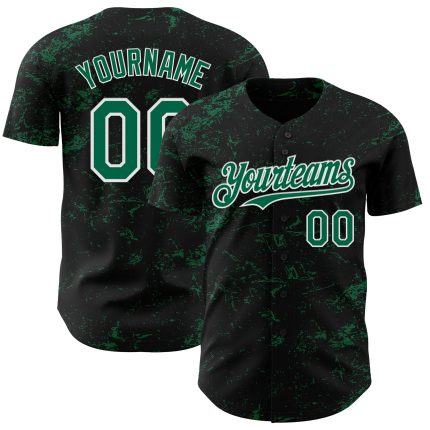 Customizable 3D Abstract Splatter Texture Baseball Jersey in Black and Kelly Green - Personalized Name and Number Design