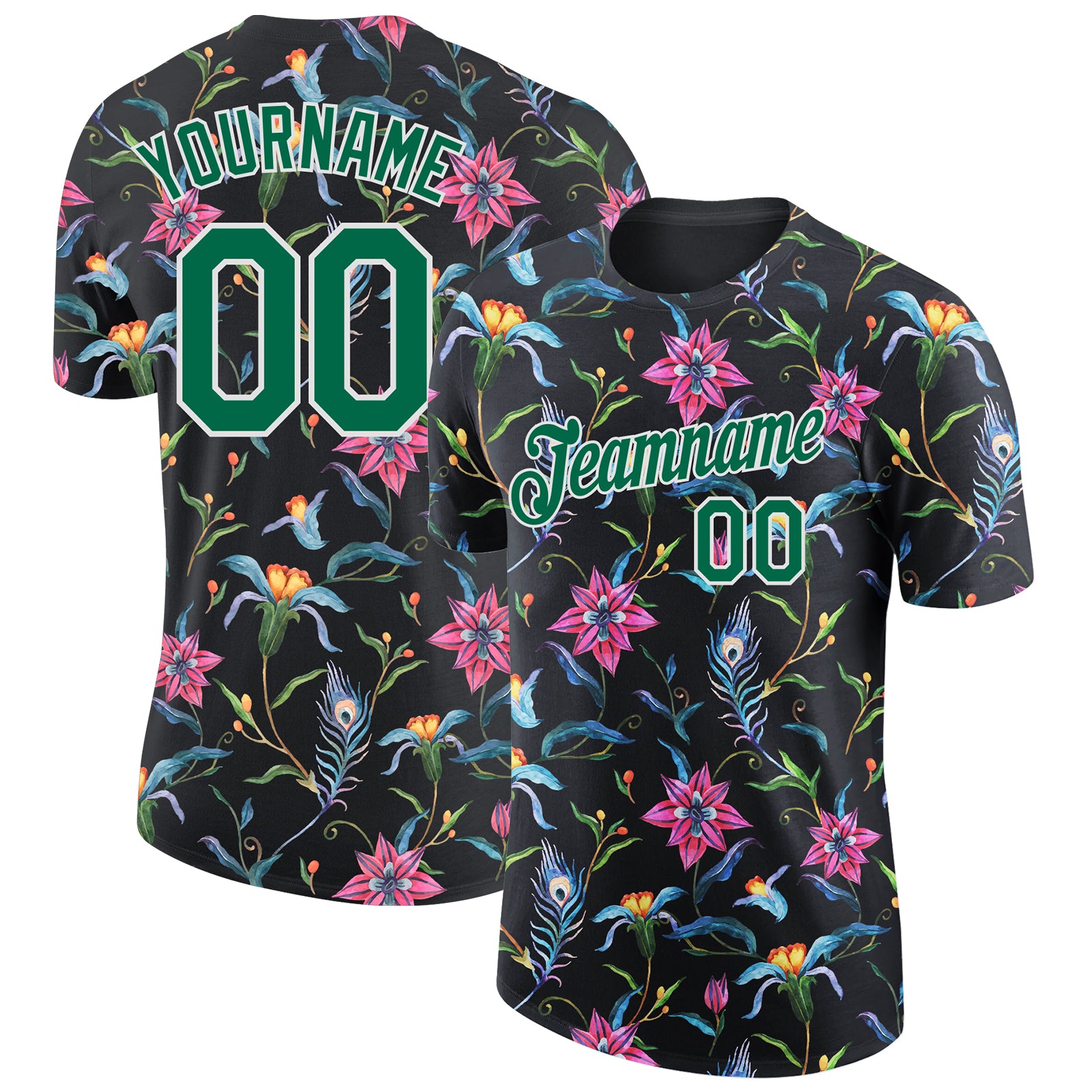 Custom Name and Number Performance T-Shirt with 3D Flowers Design in Black Kelly Green and White Personalized Black Kelly
