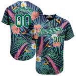 Custom Name and Number Baseball Jersey with Hawaii Palm Leaves and Flowers - Personalized Black Kelly Green-White 3D Pattern Design