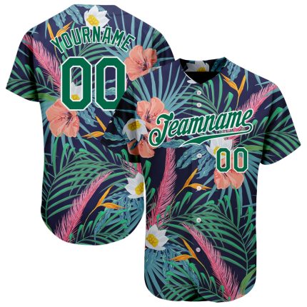 Custom Name and Number Baseball Jersey with Hawaii Palm Leaves and Flowers - Personalized Black Kelly Green-White 3D Pattern Design