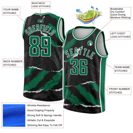 Personalized 3D Pattern Basketball Jersey with Torn Paper Style - Custom Name & Number in Black Kelly Green-White Personalized