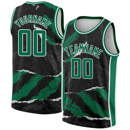 Personalized 3D Pattern Basketball Jersey with Torn Paper Style - Custom Name & Number in Black Kelly Green-White Personalized