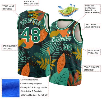 Custom Name Number Personalized Basketball Jersey Black Kelly Green-White 3D Tropical Hawaii Leaves Design Personalized Black