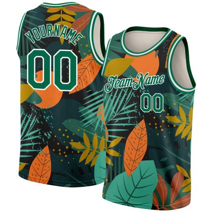 Personalized Tropical Hawaii Leaves Basketball Jersey - Black Kelly Green-White 3D Design Personalized Black Kelly Green-White