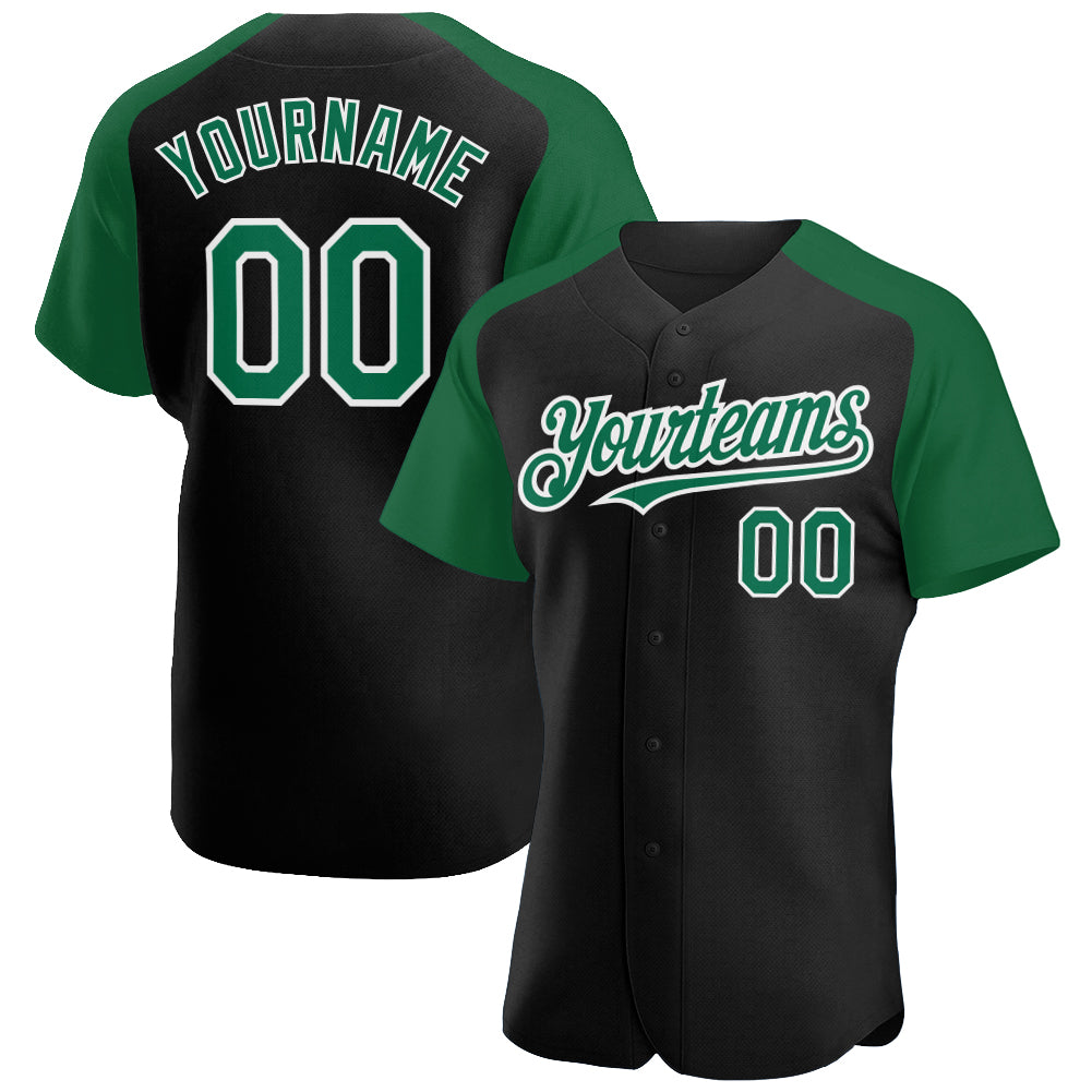 Custom Name Number Baseball Jersey - Personalized Black Kelly Green White Authentic Raglan Sleeves Personalized Black Kelly
