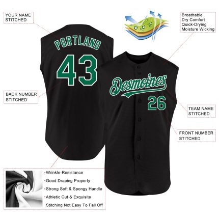 Personalized Authentic Baseball Jersey in Black and Kelly Green-White Sleeveless Design Personalized Black Kelly Green-White