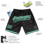Personalized Black Basketball Shorts with Kelly Green and White Trim - Authentic Throwback Style Personalized Black Kelly
