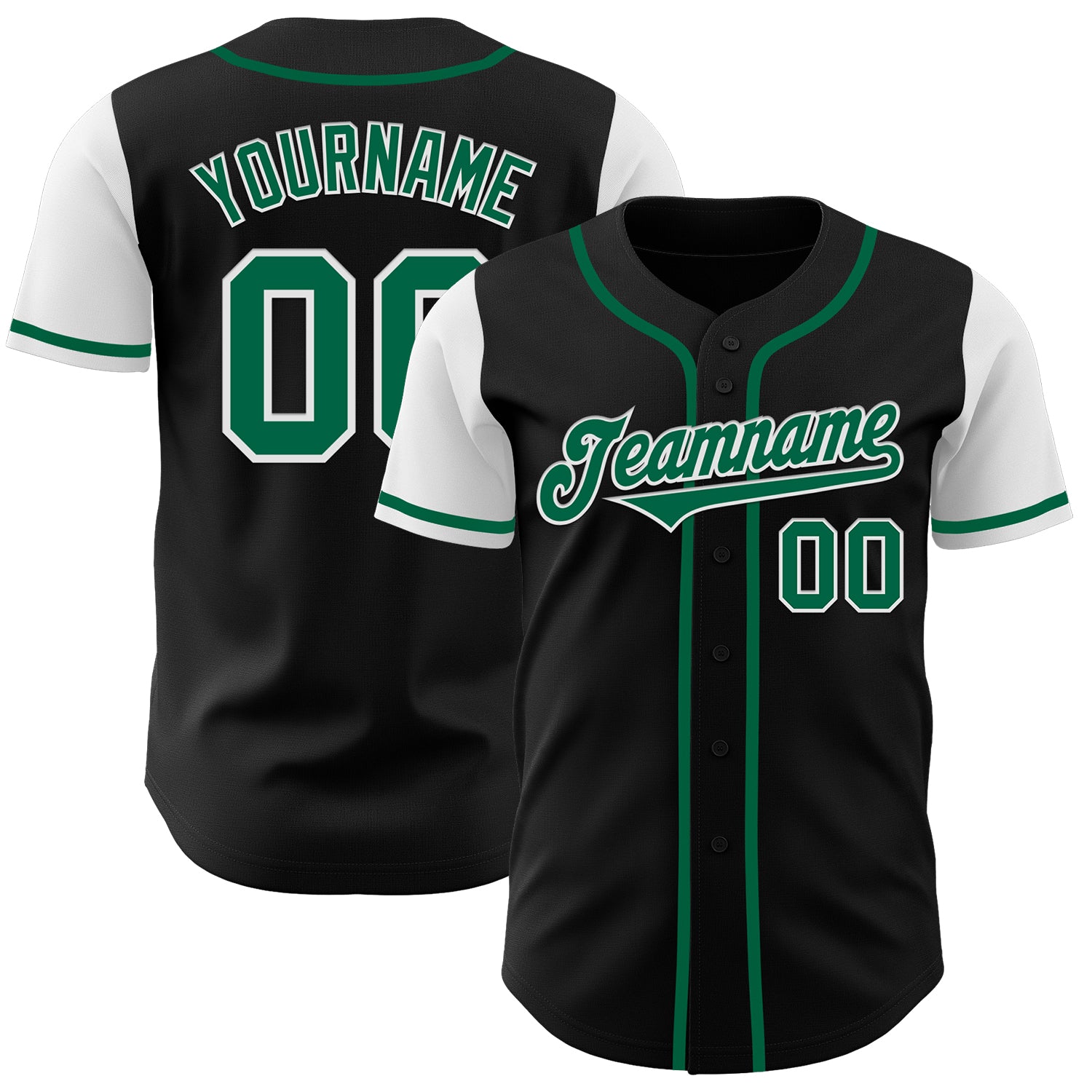 Custom Name and Number Two Tone Baseball Jersey - Authentic Black Kelly Green and White Design Personalized Black Kelly Green-White