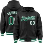Personalized Black Green White Varsity Bomber Hoodie Jacket Full-Snap Letterman Personalized Black Kelly Green-White Bomber