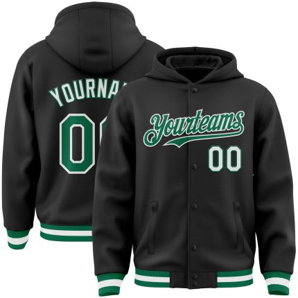 Personalized Black Green White Varsity Bomber Hoodie Jacket Full-Snap Letterman Personalized Black Kelly Green-White Bomber
