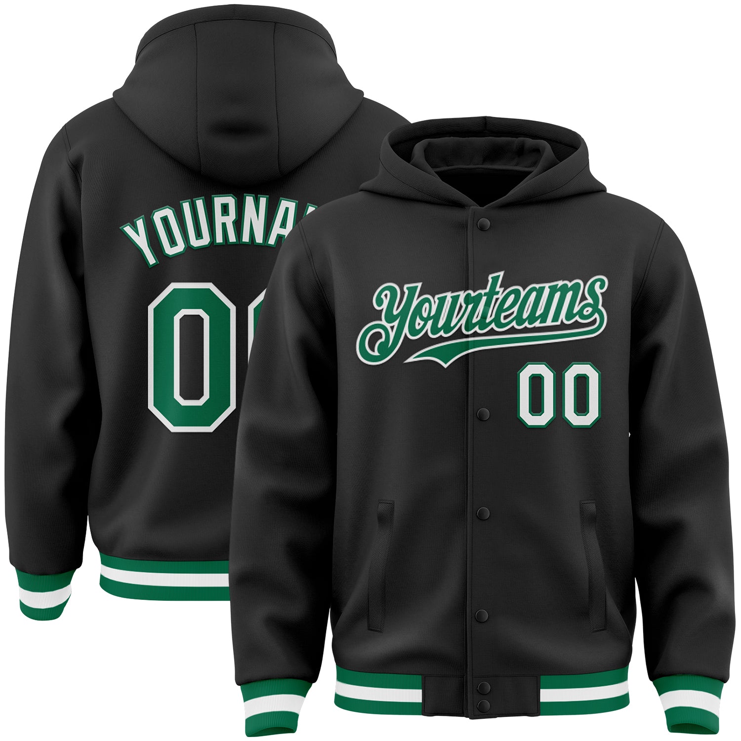 Personalized Black Green White Varsity Bomber Hoodie Jacket Full-Snap Letterman Personalized Black Kelly Green-White Bomber