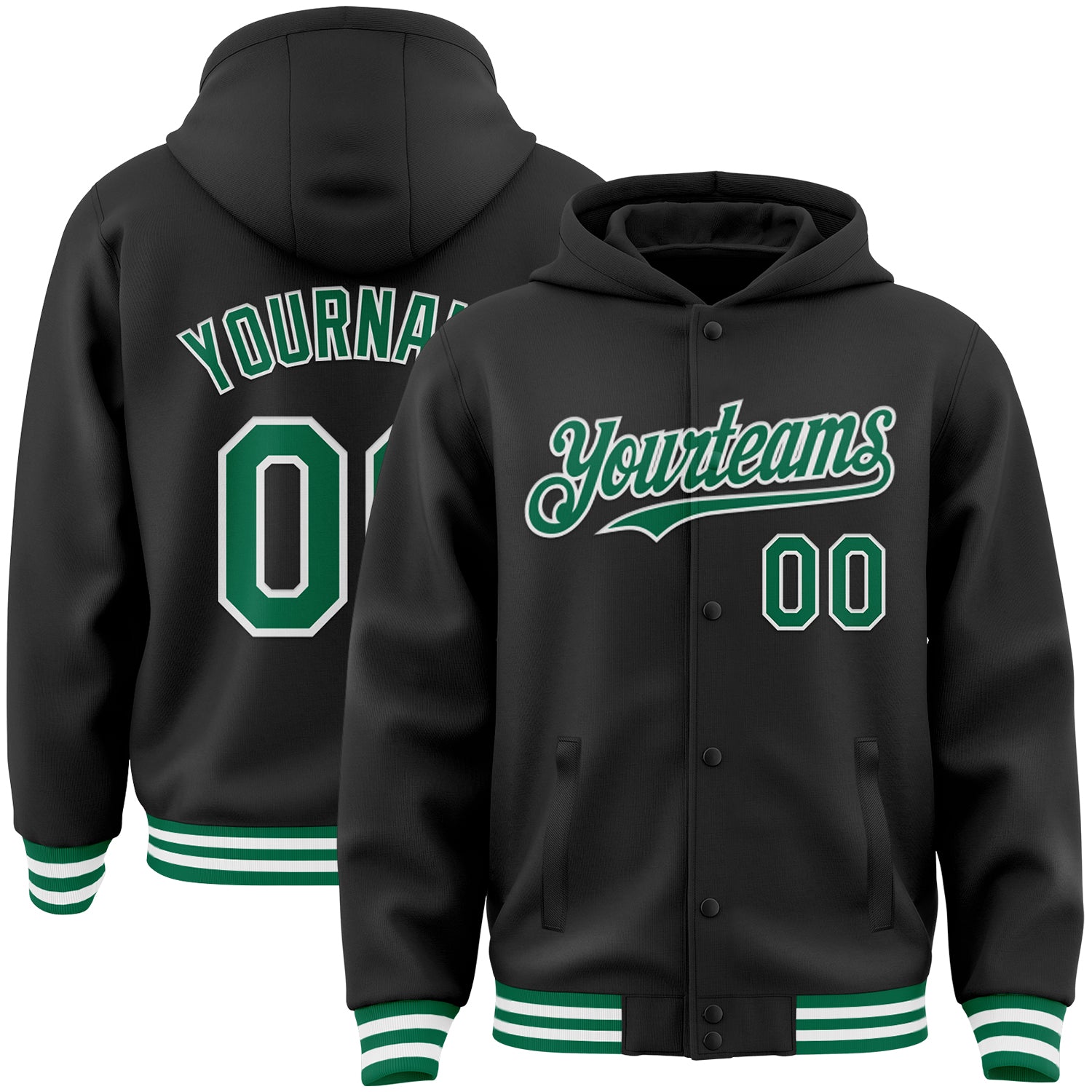 Custom Name Number Varsity Letterman Hoodie Jacket Black Kelly Green White Bomber Full-Snap - Personalized Team Apparel Personalized