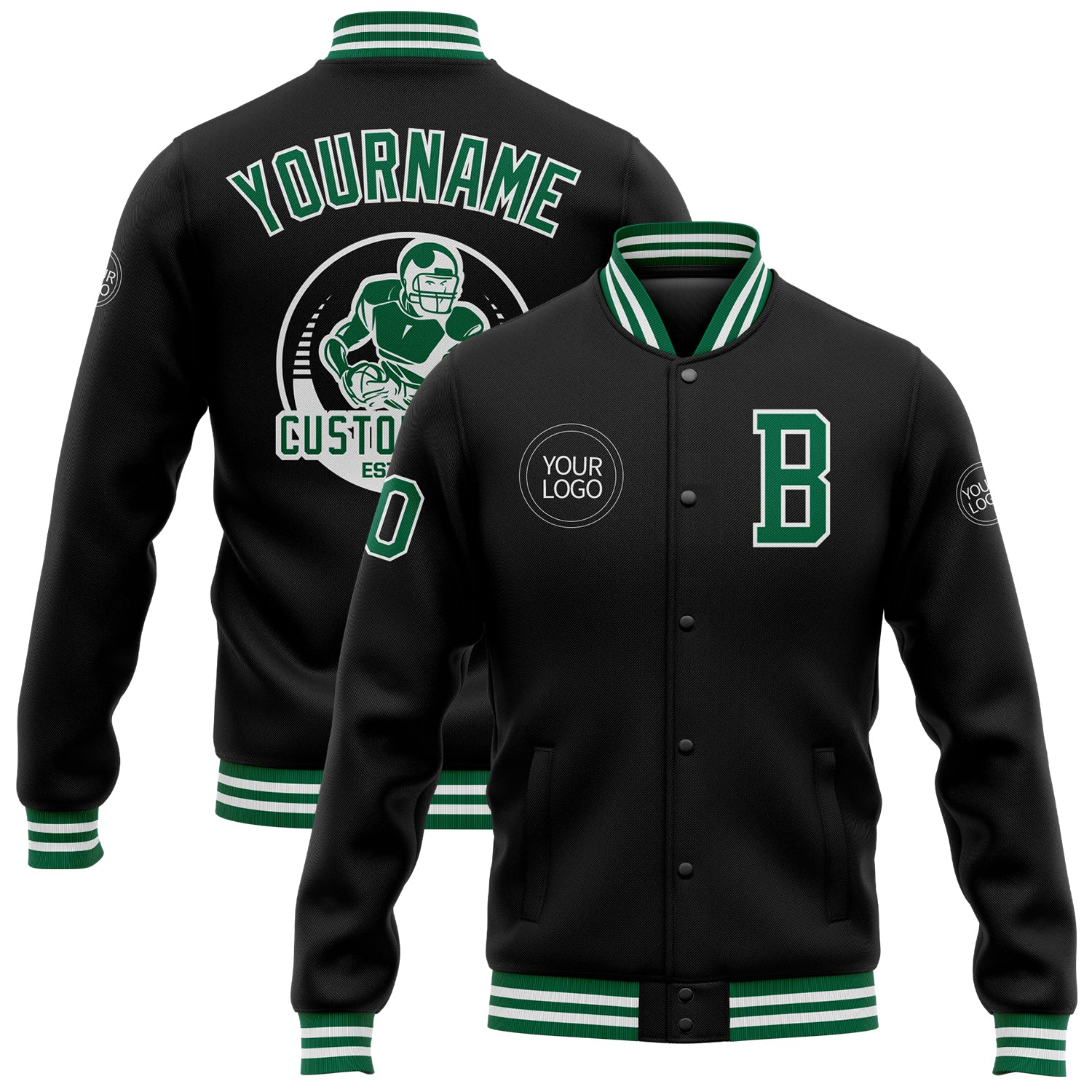 Personalized Black Kelly Green White Bomber Varsity Letterman Jacket - Custom Full-Snap Style Personalized Black Kelly Green-White