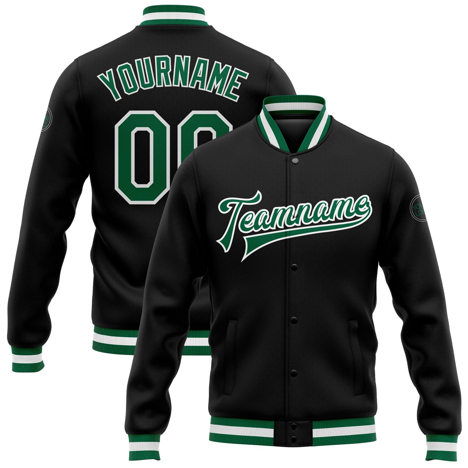 Personalized Black Kelly Green White Varsity Letterman Bomber Jacket Full-Snap Personalized Black Kelly Green-White Bomber