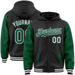 Customizable Two Tone Bomber Hoodie Jacket with Name and Number - Black Kelly Green-White Varsity Letterman Style Personalized