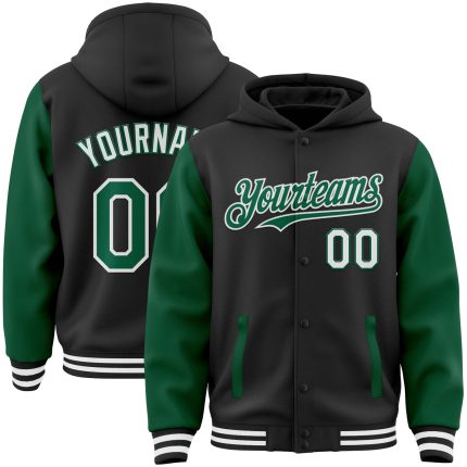 Customizable Two Tone Bomber Hoodie Jacket with Name and Number - Black Kelly Green-White Varsity Letterman Style Personalized